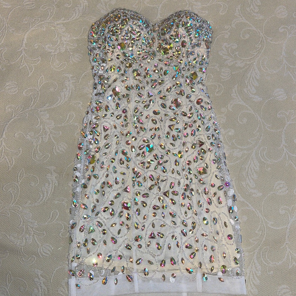 Mini Jovani Holographic Jeweled Mini Dress